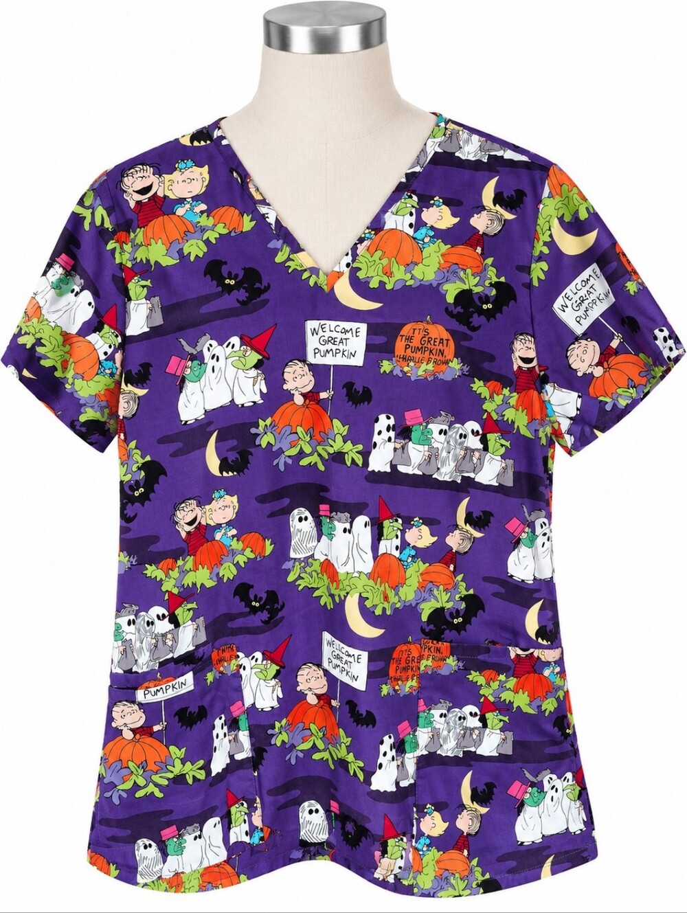 Peanuts Great Pumpkin Charlie Brown Halloween Scrub Top V-Neck Purple Large L - Picture 1 of 7